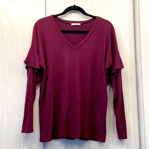 Wine ruffle sleeve v neck sweater